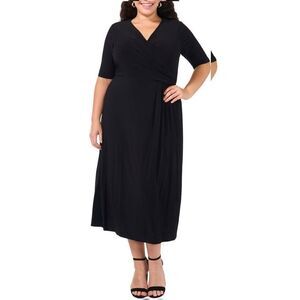 Chaus XL Black Laura Faux Wrap Midi Dress Half Sleeves Career Evening Travel